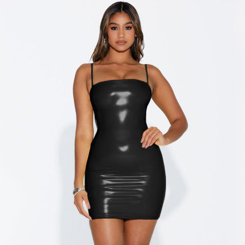 Women Clothing Summer Sexy Strapless Suspenders Tight Waist Sheath Dress Faux Leather Women Bella Mia