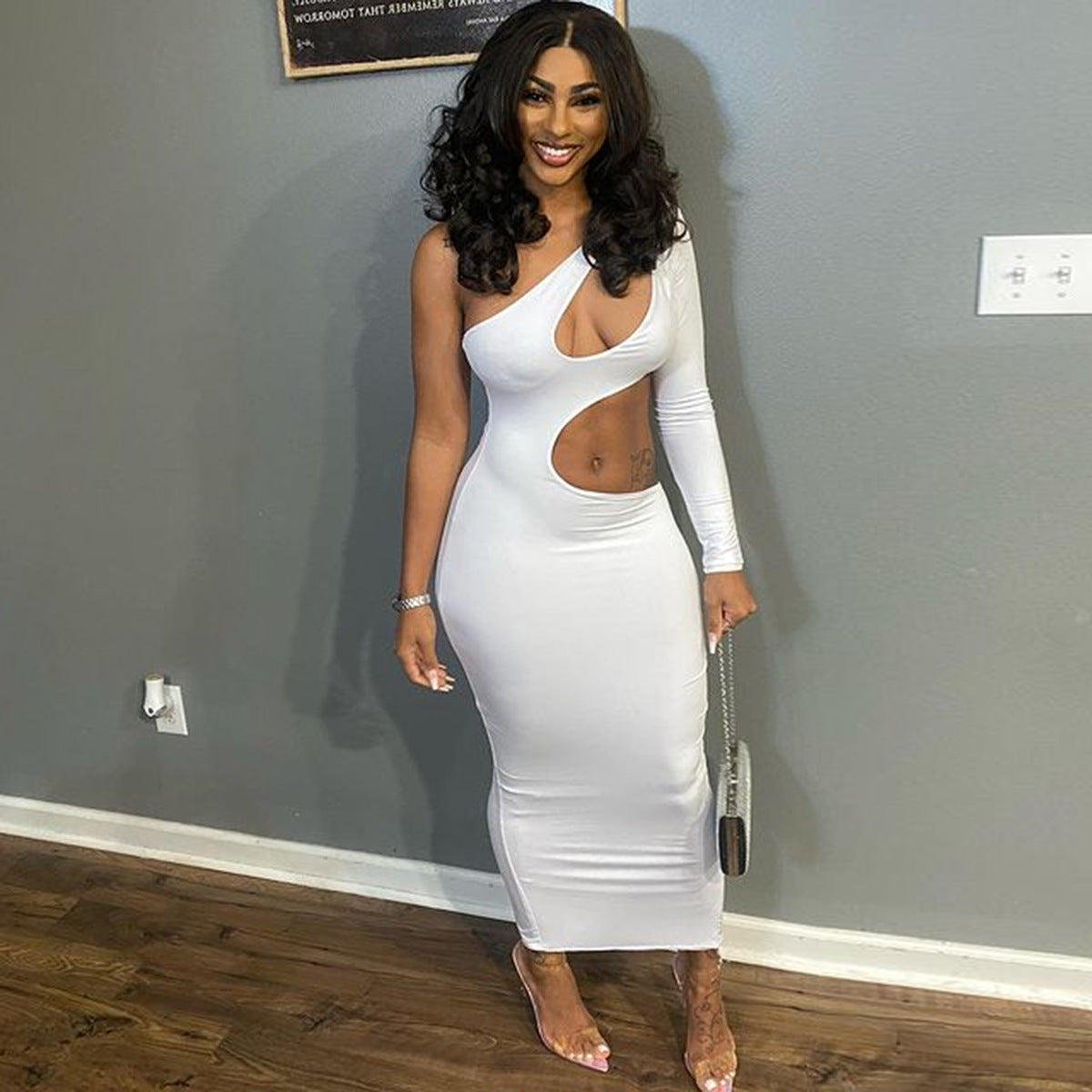 One Shoulder Diagonal Collar Long Sleeve Dress Fall Women Clothing Sexy Cutout Maxi Dress Bella Mia