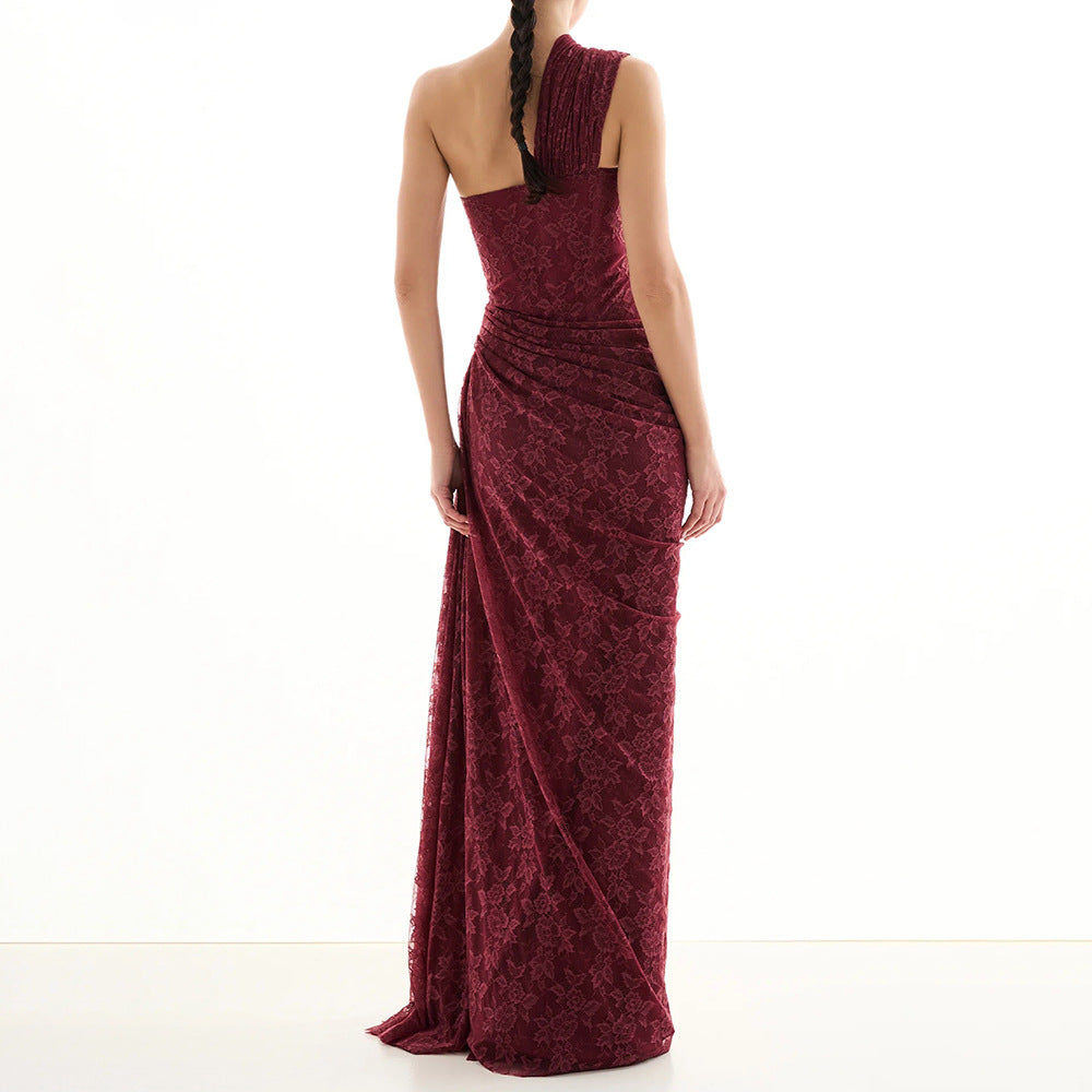 Women Sexy Deep V Plunge Neck Backless Hip Hugging Burgundy Dress Lace Pleated Fishtail Dress