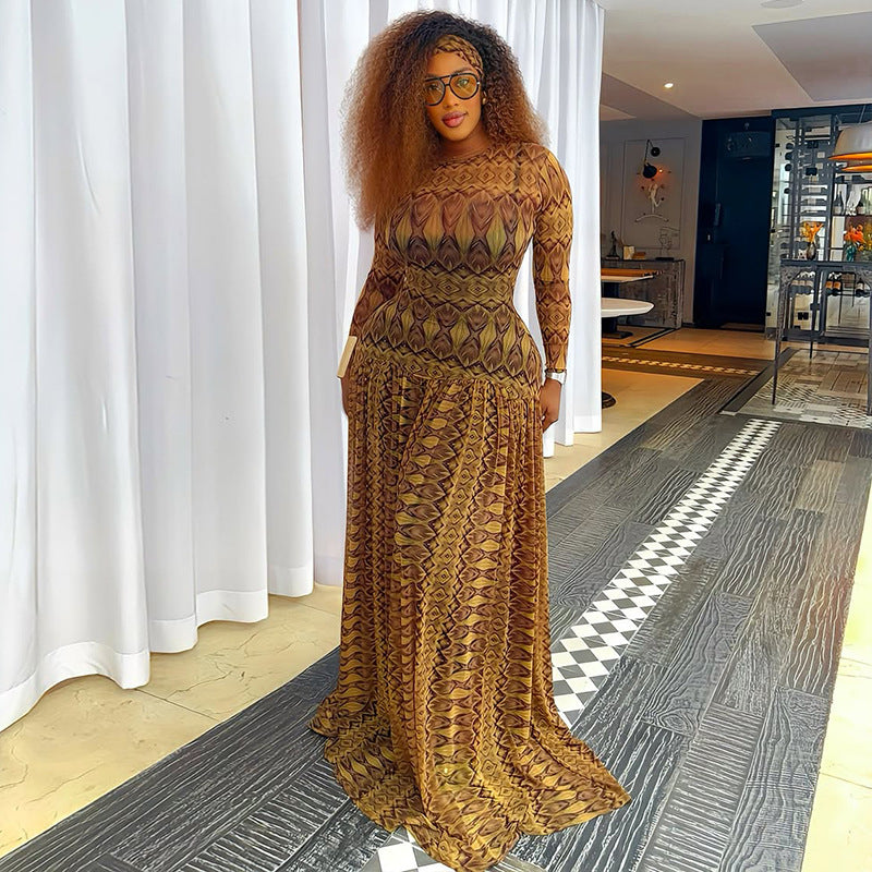 Elegant Retro Women Waist Slimming Micro Transparent A line Printing round Neck Long Sleeved Dress Bella Mia
