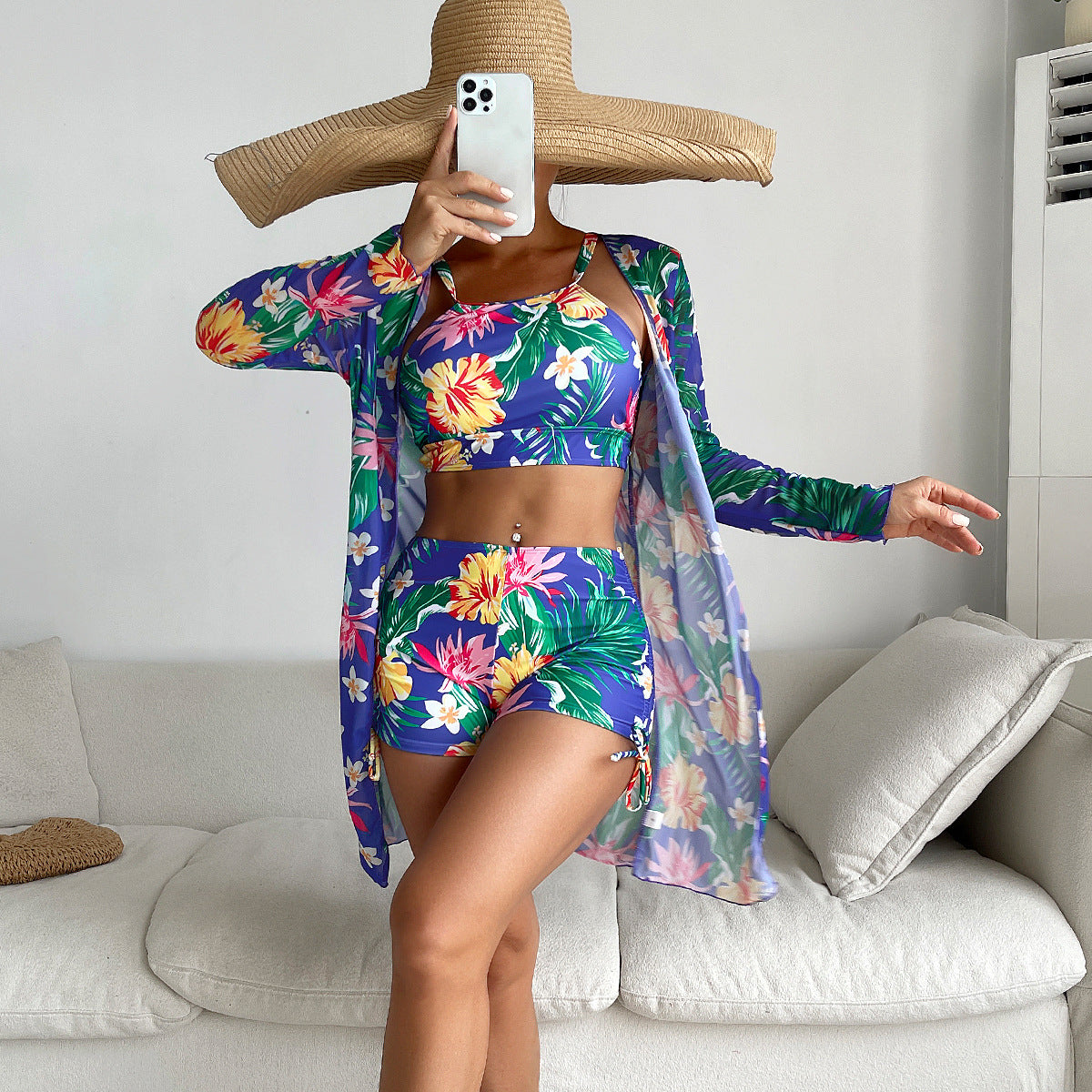 Swimsuit Women Split Three Piece Boxer Shorts Printing Mesh Red Conservative Swimsuit Bella Mia
