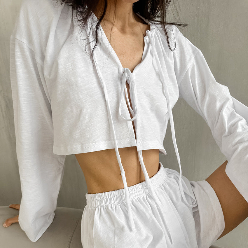 Spring White Pure Cotton Cardigan Lace up Ladies Homewear Casual Long Sleeve Shorts Pajamas Two Piece Set Bella Mia