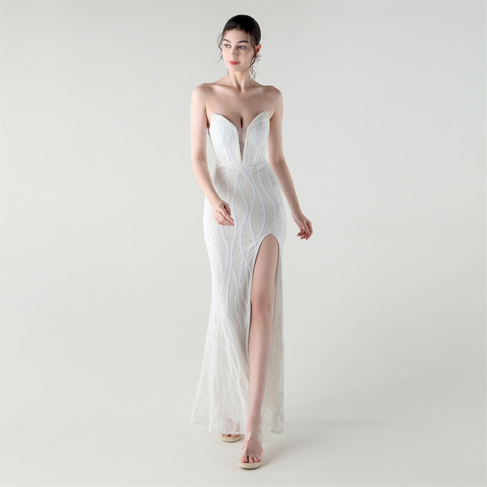 Boning Corset Waist Tight Heavy Industry Beads Heart Shaped Collar Sequined Evening Dress Luxury Cocktail Evening Dress Bella Mia