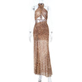 Leopard Print Hollow Out Cutout out Halter Split Print Dress Vacation Beach Party Dress Bella Mia