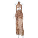 Leopard Print Hollow Out Cutout out Halter Split Print Dress Vacation Beach Party Dress Bella Mia