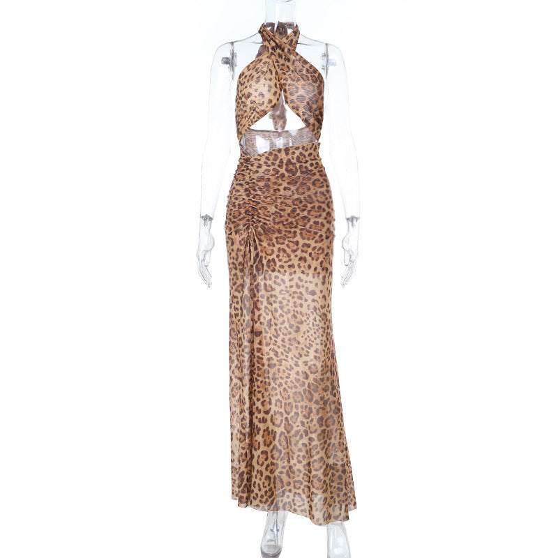 Leopard Print Hollow Out Cutout out Halter Split Print Dress Vacation Beach Party Dress Bella Mia