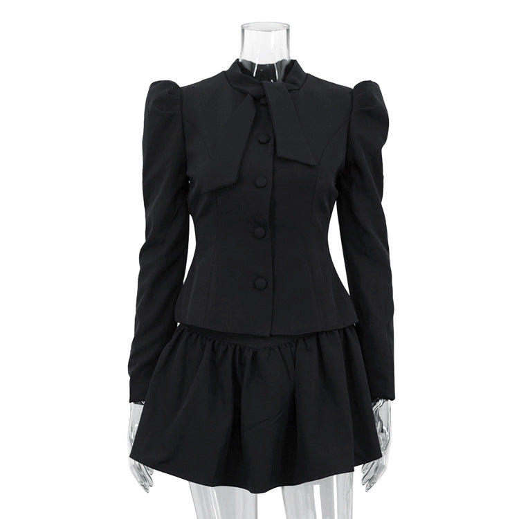 Niche Design Bow Tie Long Sleeve Top Skirt High Sense Two Piece Sets Elegant Outfit Women Bella Mia
