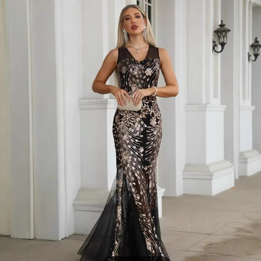 Short Sleeve Dress Women Sleeveless Sequined Mesh Fishtail Evening Dress Bella Mia