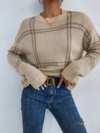 Autumn Winter All Matching Warm round Neck Sweater Women Plaid Drop Shoulder Pullover Sweater Bella Mia