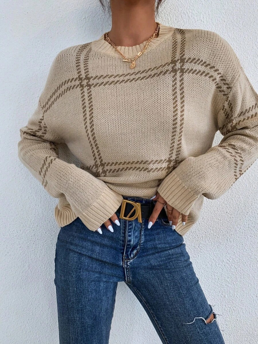 Autumn Winter All Matching Warm round Neck Sweater Women Plaid Drop Shoulder Pullover Sweater Bella Mia