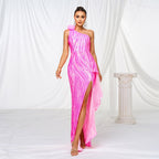 Women Clothing One Shoulder Diagonal Collar Slim Fit Sheath Sequined Split Cocktail Evening Dress Bella Mia