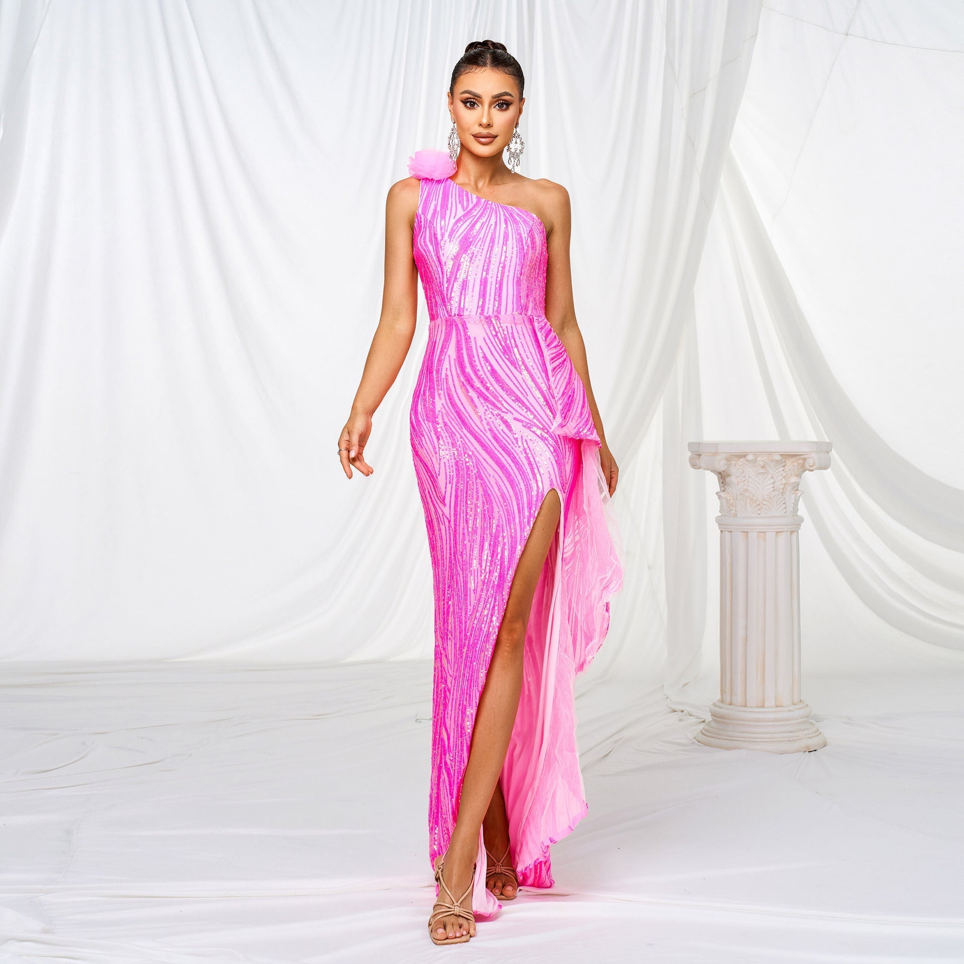 Women Clothing One Shoulder Diagonal Collar Slim Fit Sheath Sequined Split Cocktail Evening Dress Bella Mia
