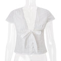 Women Clothing Summer Sexy V neck Bow Bandage Sexy Short Sleeve T shirt Top Bella Mia
