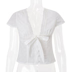 Women Clothing Summer Sexy V neck Bow Bandage Sexy Short Sleeve T shirt Top Bella Mia