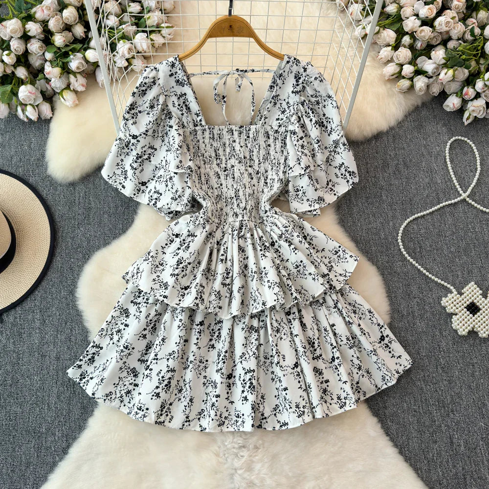 Design Summer Ruffle Sleeve Retro Pleated Floral Skirt