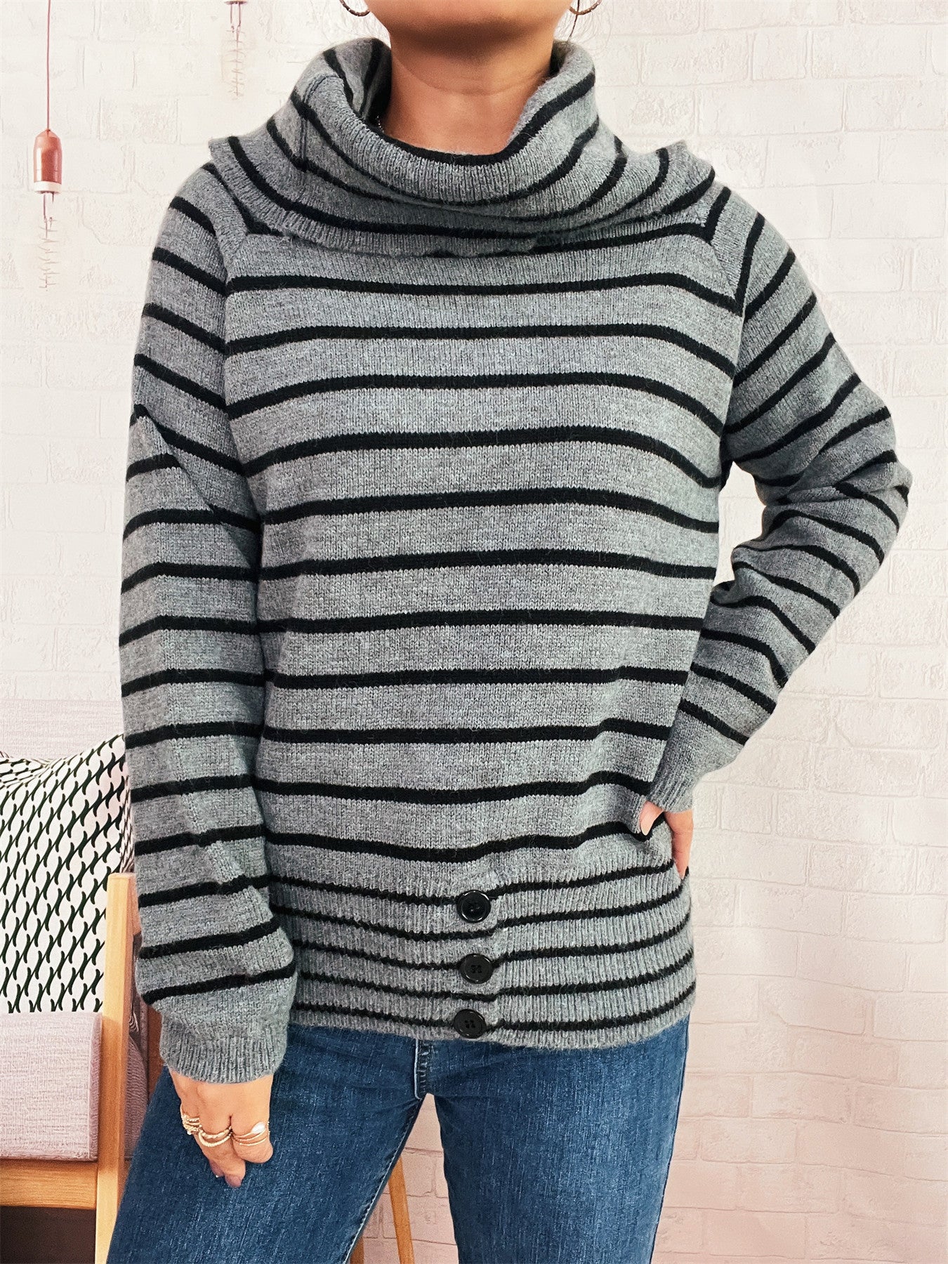 Autumn Winter Retro Office Minimalist Turtleneck Slim Knit Pullover Solid Color Striped Sweater Bella Mia