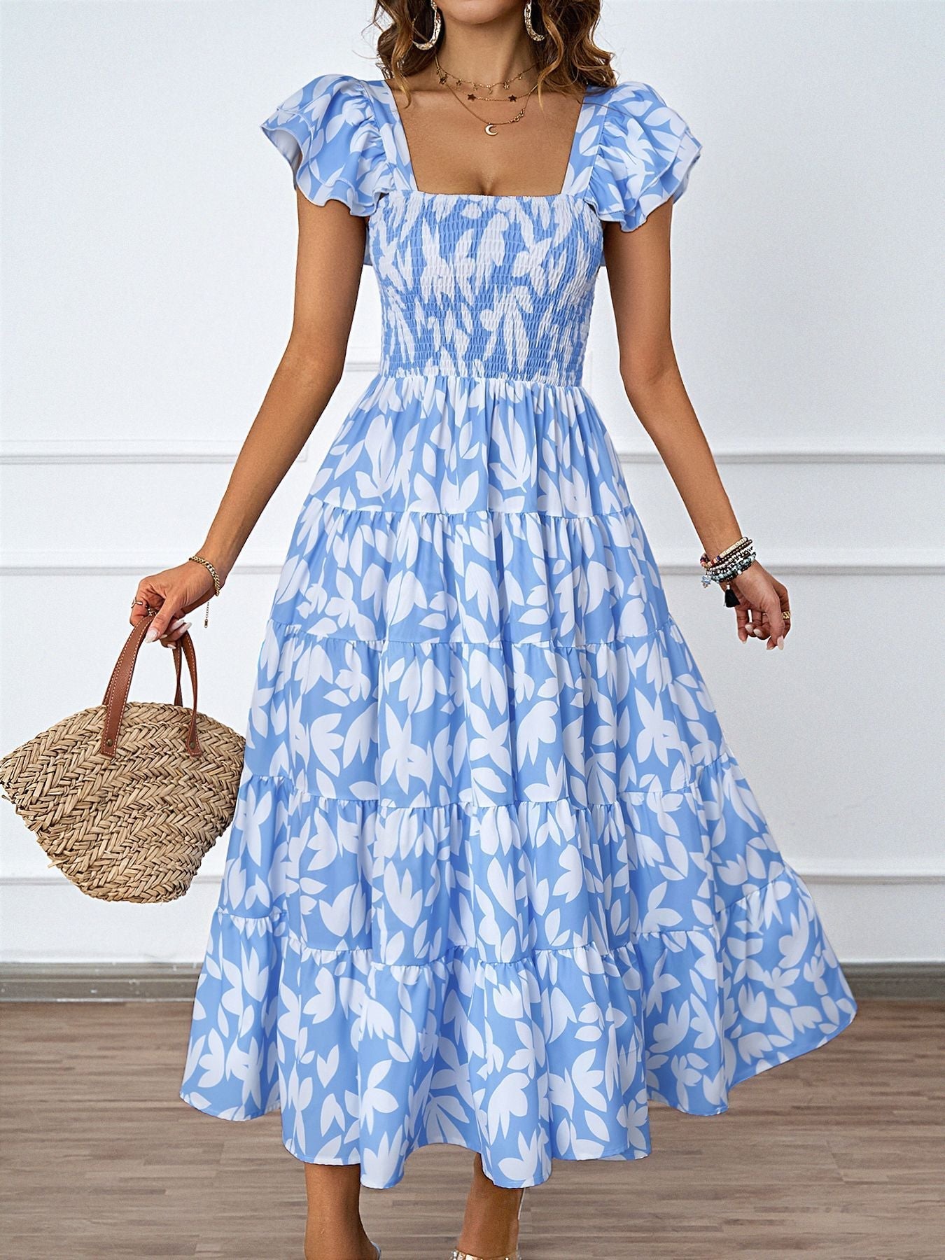 Square Collar Printing Pleated Ruffle Sleeve Elegant Bohemian Printing Dress Bella Mia