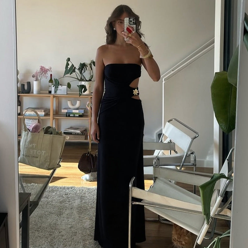 Summer Women Clothing Sexy Cutout Stitching Metal Decoration Cropped Outfit Strapless Long Type Dress Women Bella Mia
