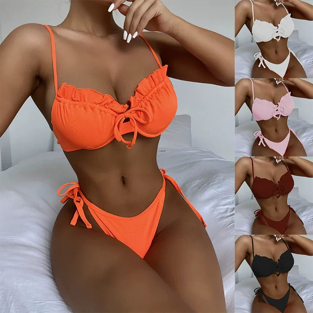 Summer Beach Young Adult Solid Color Separates Swimsuit Steel Bracket Push up Bikini Ruffles Triangle Sexy Bikini LUXLIFE BRANDS