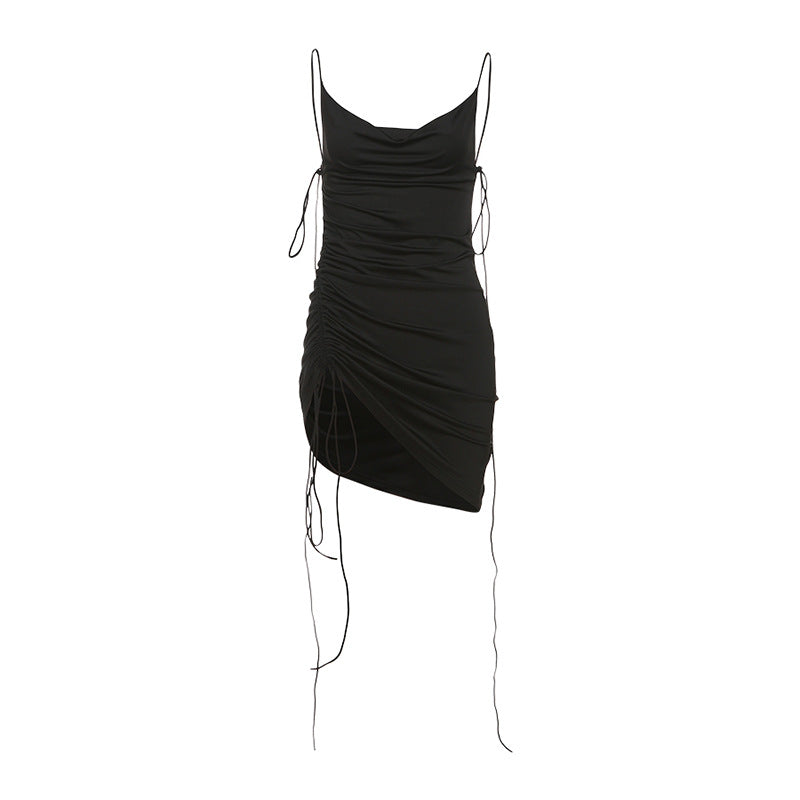 Spring Women Clothing Sexy Swing Collar Backless Solid Color Drawstring Lace Slim Fit Dress Bella Mia