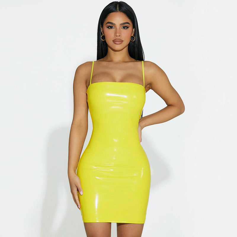 Women Clothing Summer Sexy Strapless Suspenders Tight Waist Sheath Dress Faux Leather Women Bella Mia
