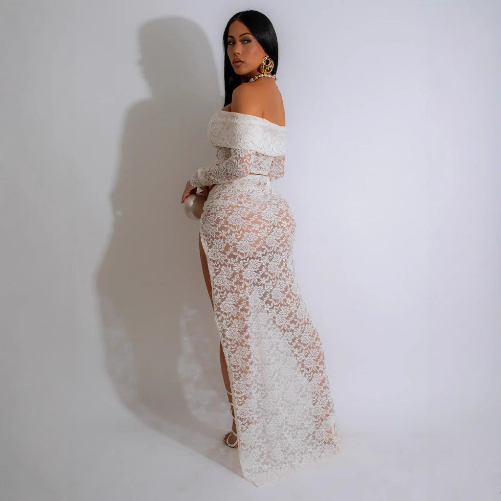 Sexy Tube Top Lace Suit Skirt Autumn Long Sleeve Pleated High Slit Women Skirt Bella Mia