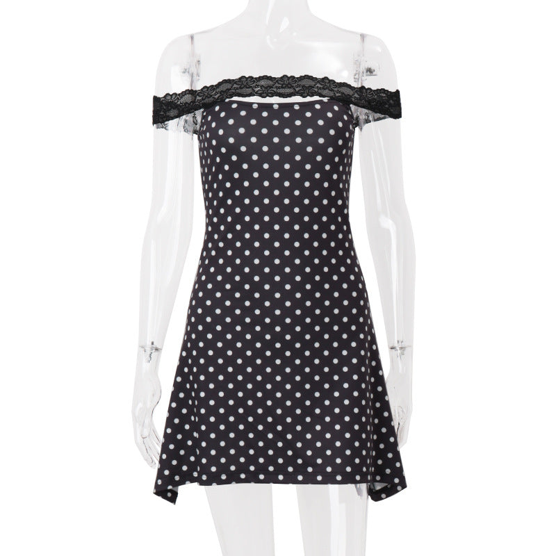 Women Clothing Summer Sexy off Neck Lace Polka Dot Print Slim Fit Sheath Dress Bella Mia