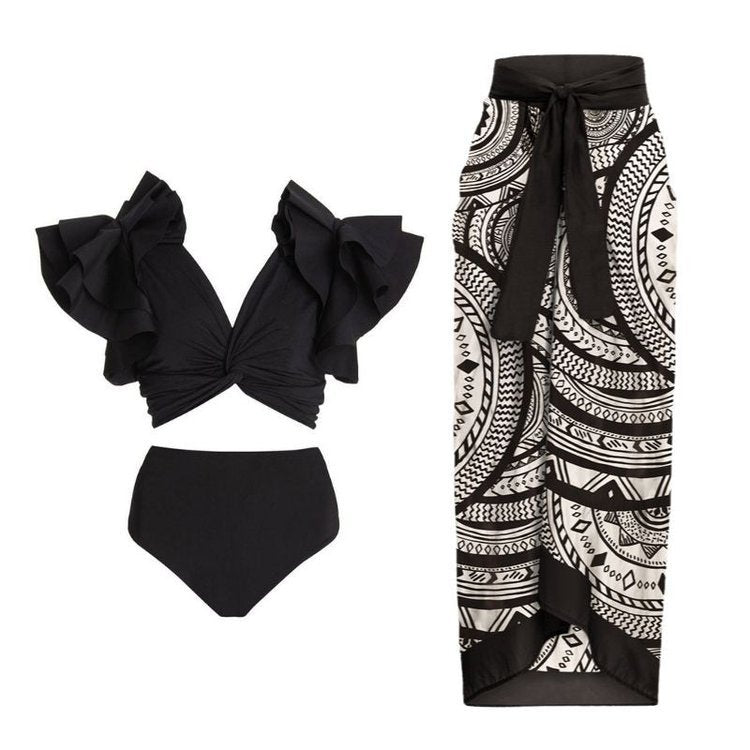Retro High Waist Split Swimsuit Women Ruffled Bikini Swimsuit Chiffon Beach Skirt Set Bella Mia