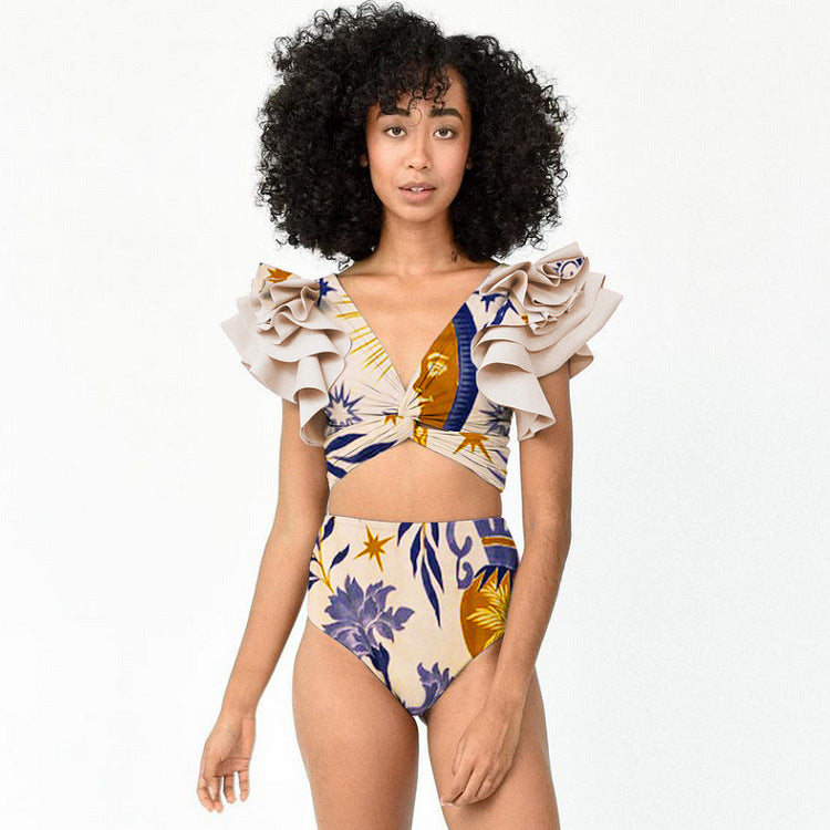 Split Bikini Lotus Sleeve High Waisted Trousers Sexy Slimming Swimsuit for Women Bella Mia