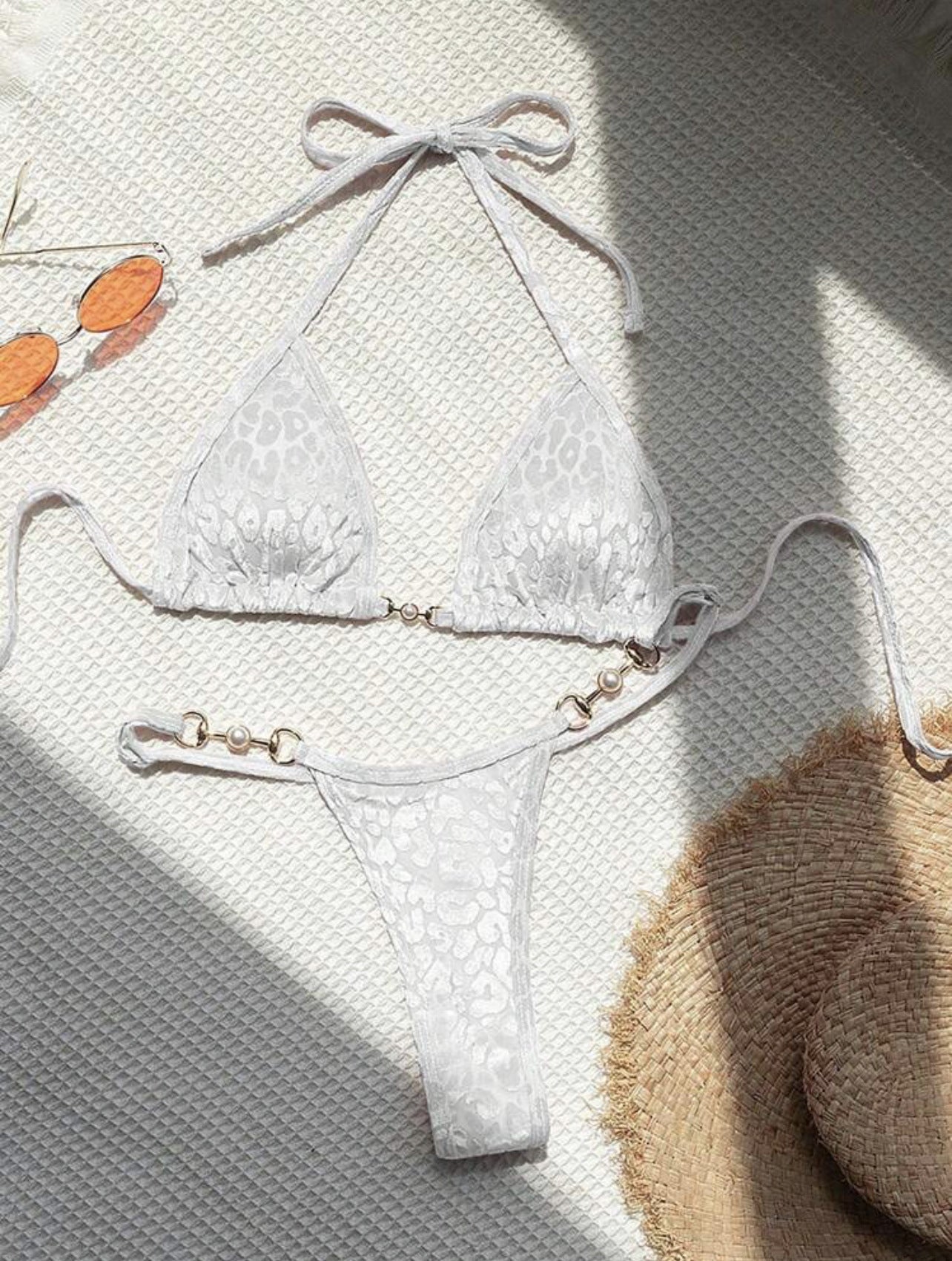 Sexy T Shaped Pearl Leopard Special Fabric Swimwear Swimsuit Bikini Bella Mia