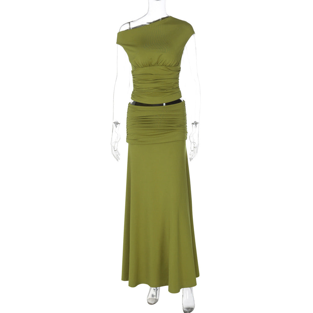 Women Clothing Summer One Shoulder Pleated Slim Fit Skirt Set Bella Mia
