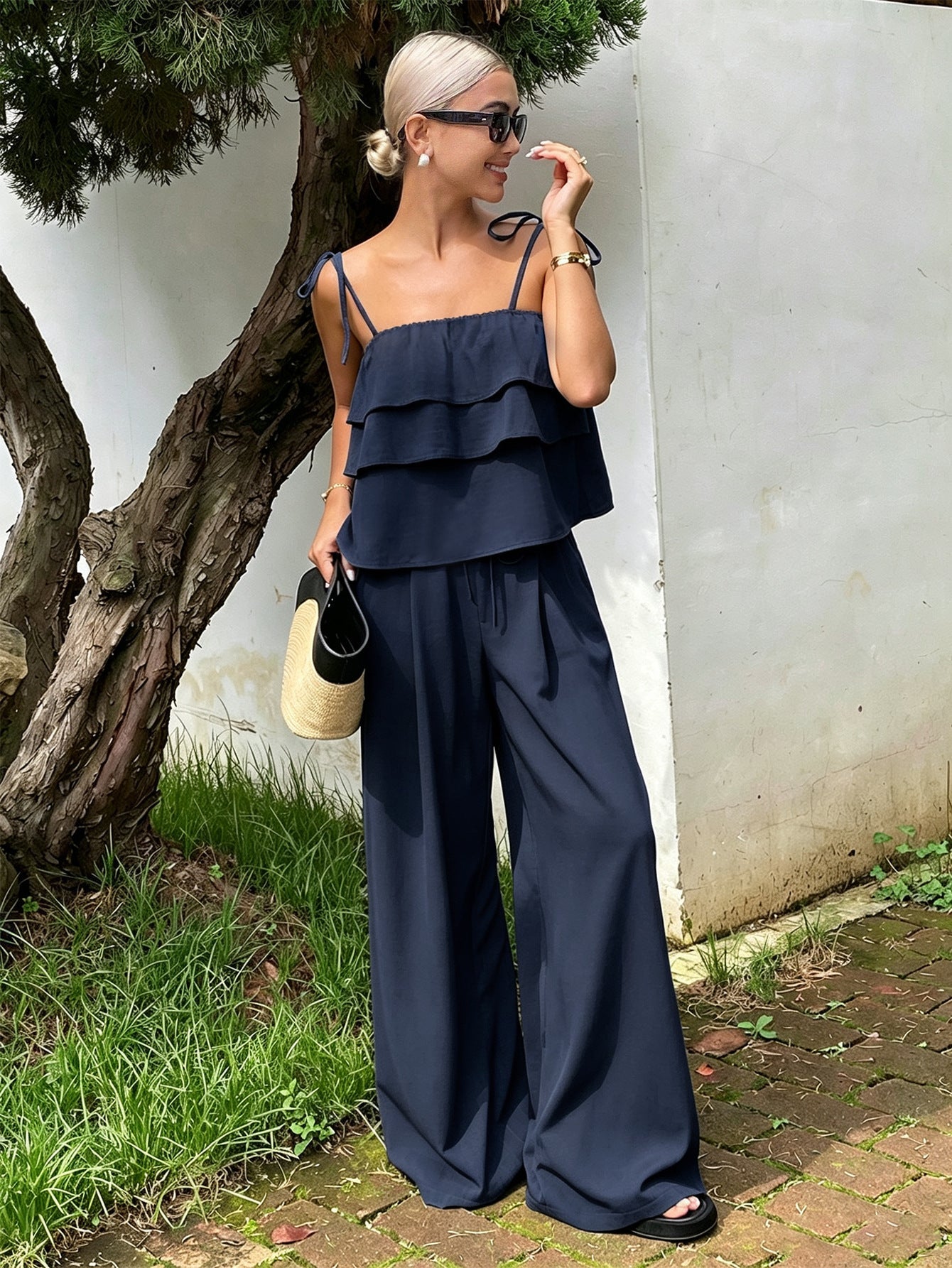 Ruffled Spaghetti Straps Wide Leg Pants Set Women Lace up Waist Controlled Slimming Vacation Two Piece Set
