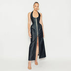 Elegant Solid Color Sleeveless Halter Slim Fit Backless Sheath Dress Denim Summer Bella Mia