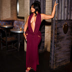 Women Clothing Sexy Halter Deep V Plunge neck Backless Split Solid Color Dress Bella Mia