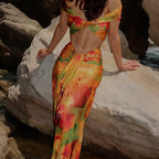 Women Spring Clothing Pattern Print Sexy Drop Shoulder Hollow Out Cutout Low Waist Cropped Skirt Set Bella Mia