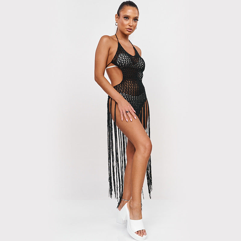 Sexy Hand Crocheting One Piece Tassel Beach Dress Backless Beach Bikini Cover up Sun Protective Clothing Bella Mia