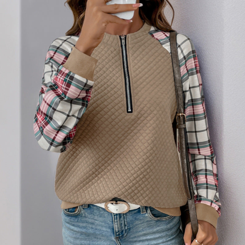 Casual Retro Cardigan Zipper Plaid Stitching Diamond Patterns Fabric Sweatshirts Bella Mia