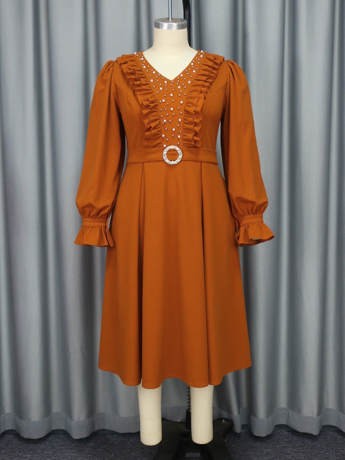 Women V neck Lantern Sleeve Stringy Selvedge Dress Evening Party Beaded Dress Bella Mia
