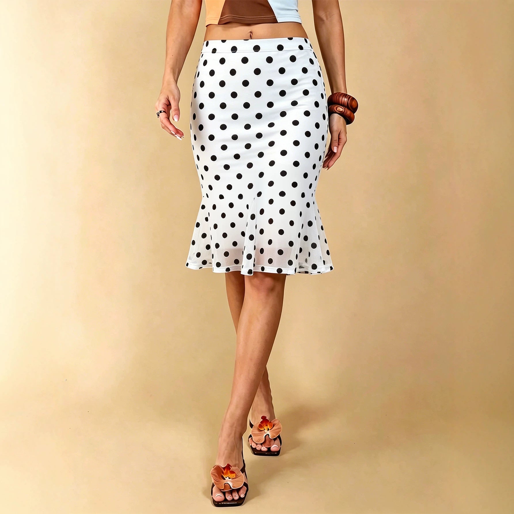 Summer Dot Mesh Fishtail Skirt Retro Ruffled Waist Tight Slimming Skirt