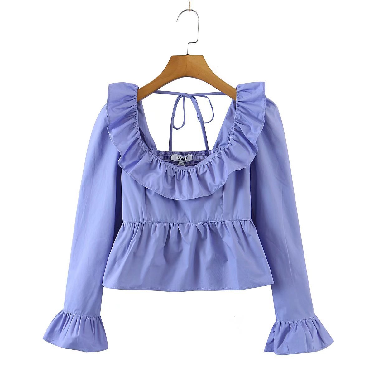 Summer Wind Women Solid Color Long Sleeve Ruffled Shirt Bella Mia