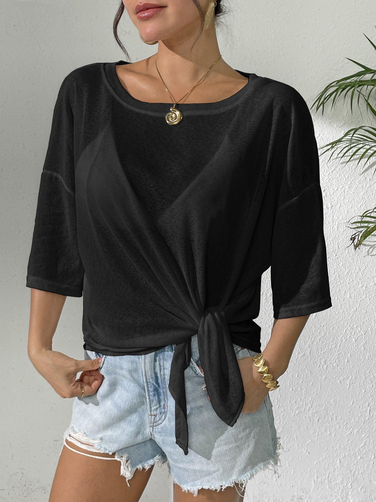Women Clothing Solid Color Thin Top Lace up Bow Loose off Shoulder Beach Beach Cover Up