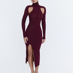 Women Sexy Slim Deep Cerise Hollow Out Cutout Split Mid Length Dress Bella Mia