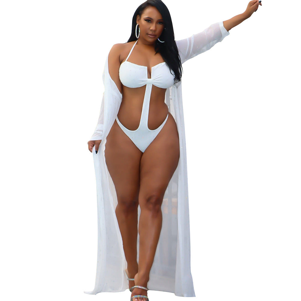 Summer Women Sexy Mesh Perspective Rhinestone Long Sleeve Swimsuit Cloak Bella Mia