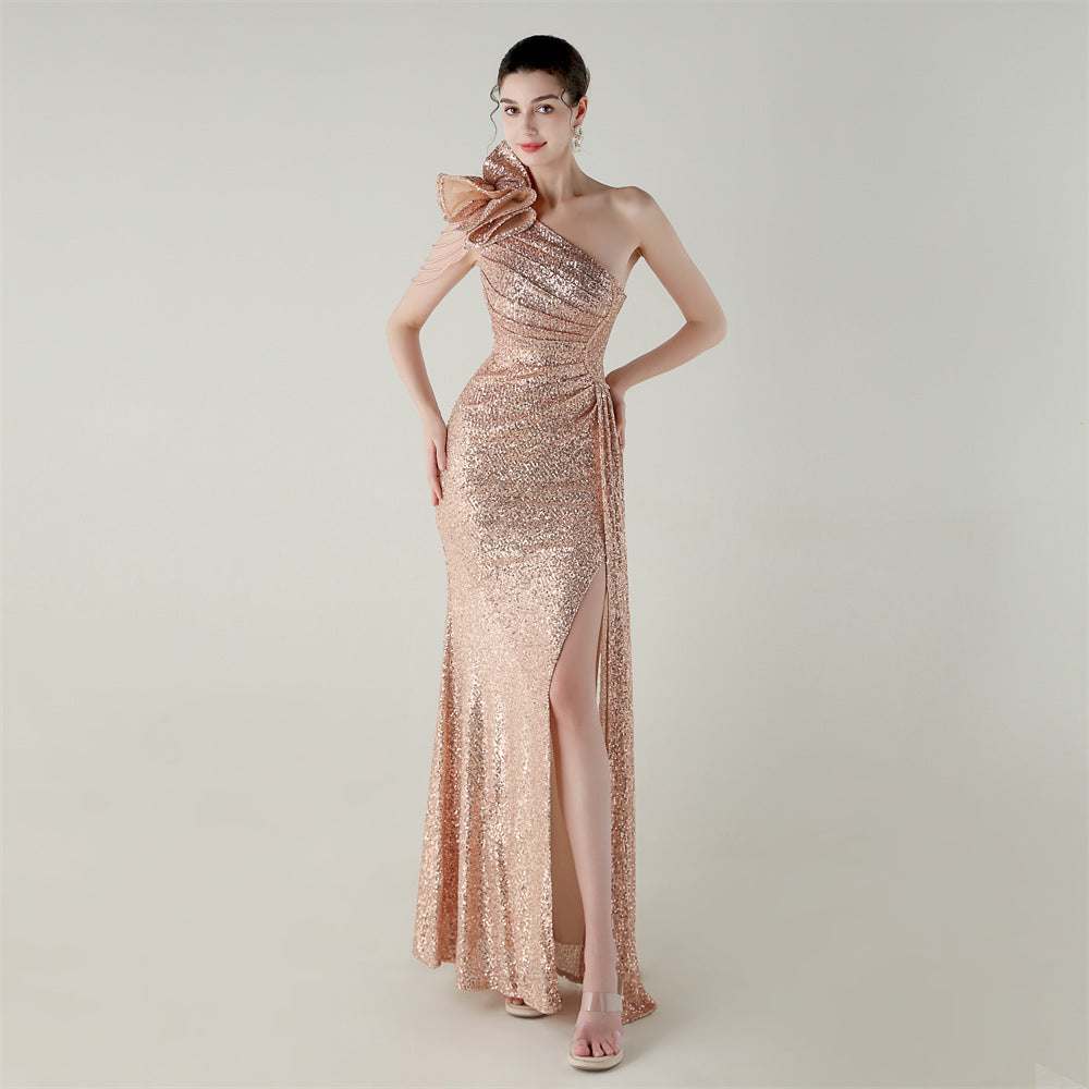 Craft Floral Beaded One Shoulder Diagonal Collar Fishtail Evening Dress Dinner Wedding Awards Ceremony Social Dress Bella Mia