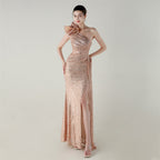 Craft Floral Beaded One Shoulder Diagonal Collar Fishtail Evening Dress Dinner Wedding Awards Ceremony Social Dress Bella Mia