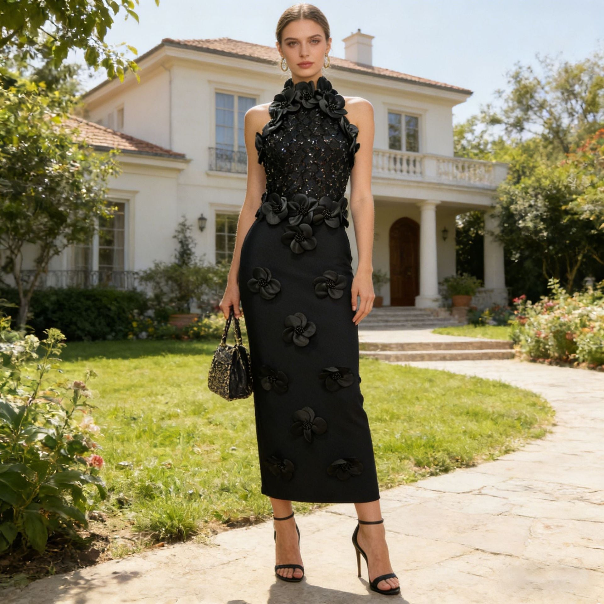 Summer High Grade Sleeveless Sheath Dress Three Dimensional Floral Beaded Slim Slimming Sheath Dress Women