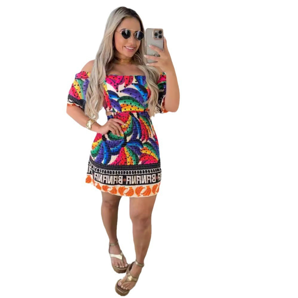 Printed Waist Controlled Backless Lantern Sleeve Smocking Off Shoulder Two Way Wear Dress Bella Mia