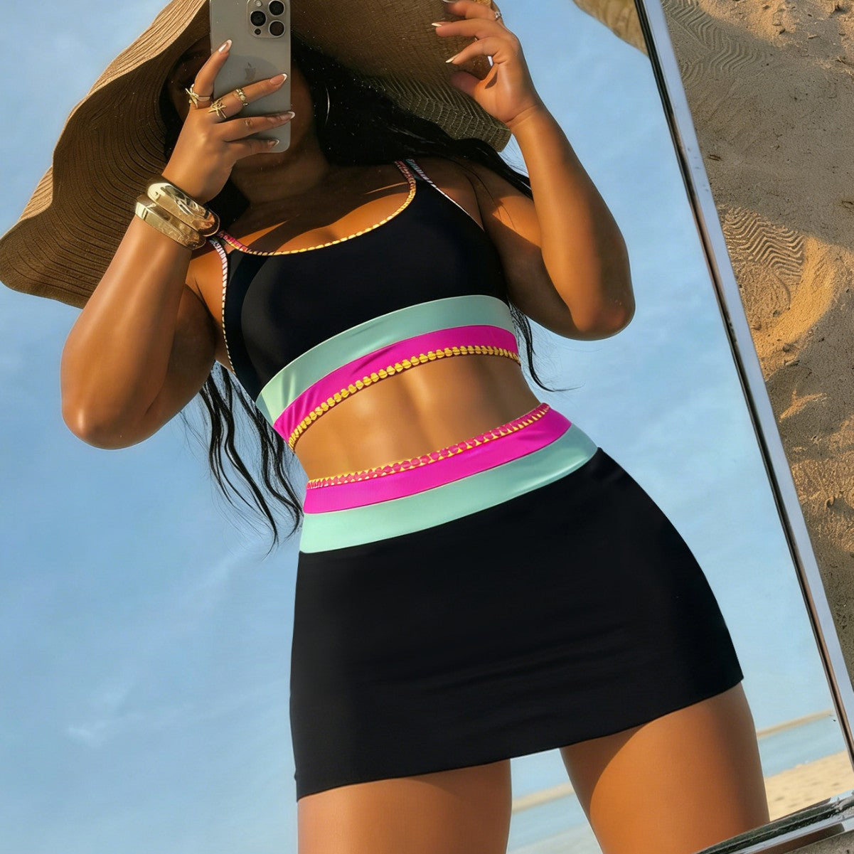 Contrast Color Double Shoulder Strap Scalloped Sexy Bikini Three Piece Set with Cover Skirt Swimsuit for Women Bella Mia