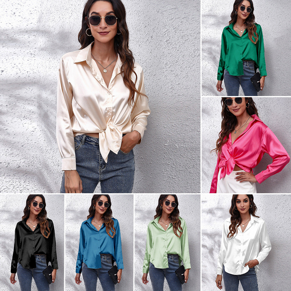 Satin Shirt Women Satin Artificial Silk Long Sleeve Shirt Bella Mia
