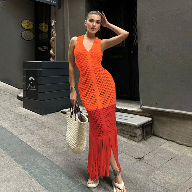 Summer Sexy Hollow Out Cutout out See through Maxi Dress Polo Collar Dress Women Clothing Bella Mia